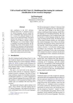 UIO at SemEval-2023 Task 12: Multilingual fine-tuning for sentiment
  classification in low-resource languages