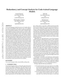 Redundancy and Concept Analysis for Code-trained Language Models