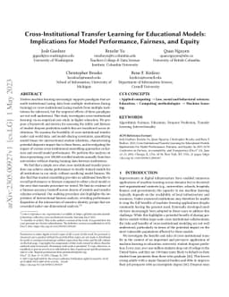 Cross-Institutional Transfer Learning for Educational Models:
  Implications for Model Performance, Fairness, and Equity