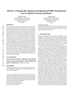 AQ-GT: a Temporally Aligned and Quantized GRU-Transformer for Co-Speech
  Gesture Synthesis