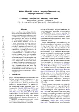 Robust Multi-bit Natural Language Watermarking through Invariant
  Features