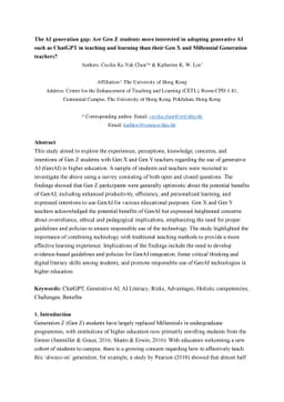 The AI generation gap: Are Gen Z students more interested in adopting
  generative AI such as ChatGPT in teaching and learning than their Gen X and
  Millennial Generation teachers?