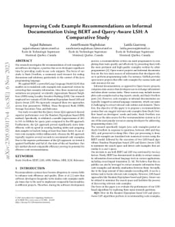 Improving Code Example Recommendations on Informal Documentation Using
  BERT and Query-Aware LSH: A Comparative Study