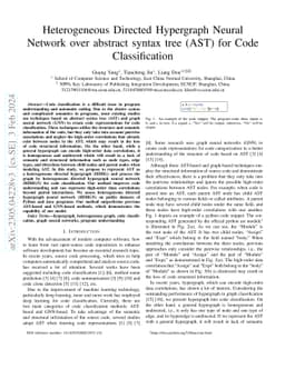 Heterogeneous Directed Hypergraph Neural Network over abstract syntax
  tree (AST) for Code Classification