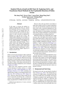 Stanford MLab at SemEval-2023 Task 10: Exploring GloVe- and
  Transformer-Based Methods for the Explainable Detection of Online Sexism