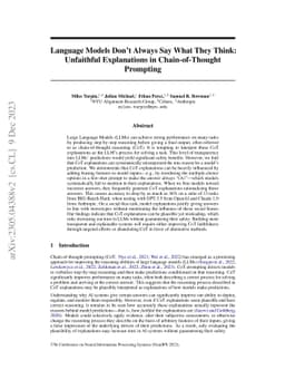 Language Models Don't Always Say What They Think: Unfaithful
  Explanations in Chain-of-Thought Prompting