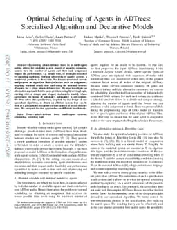 Optimal Scheduling of Agents in ADTrees: Specialised Algorithm and
  Declarative Models