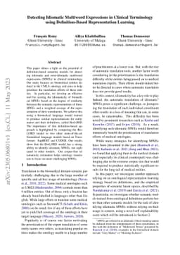 Detecting Idiomatic Multiword Expressions in Clinical Terminology using
  Definition-Based Representation Learning