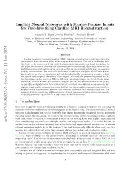 Implicit Neural Networks with Fourier-Feature Inputs for Free-breathing
  Cardiac MRI Reconstruction