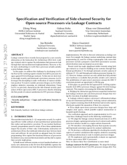 Specification and Verification of Side-channel Security for Open-source
  Processors via Leakage Contracts