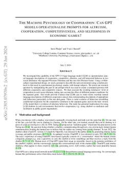 The Machine Psychology of Cooperation: Can GPT models operationalise
  prompts for altruism, cooperation, competitiveness and selfishness in
  economic games?