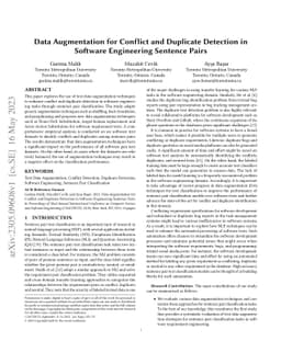 Data Augmentation for Conflict and Duplicate Detection in Software
  Engineering Sentence Pairs