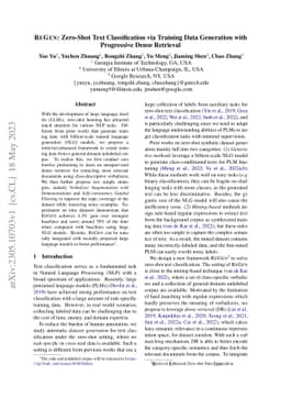 ReGen: Zero-Shot Text Classification via Training Data Generation with
  Progressive Dense Retrieval