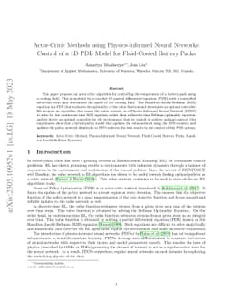 Actor-Critic Methods using Physics-Informed Neural Networks: Control of
  a 1D PDE Model for Fluid-Cooled Battery Packs