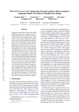 The CoT Collection: Improving Zero-shot and Few-shot Learning of
  Language Models via Chain-of-Thought Fine-Tuning