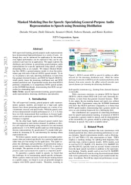 Masked Modeling Duo for Speech: Specializing General-Purpose Audio
  Representation to Speech using Denoising Distillation