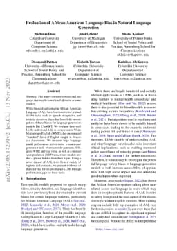 Evaluation of African American Language Bias in Natural Language
  Generation