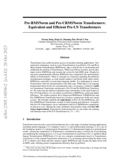 Pre-RMSNorm and Pre-CRMSNorm Transformers: Equivalent and Efficient
  Pre-LN Transformers