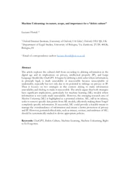 Machine Unlearning: its nature, scope, and importance for a "delete
  culture"