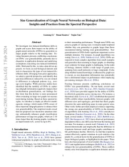 Size Generalization of Graph Neural Networks on Biological Data:
  Insights and Practices from the Spectral Perspective