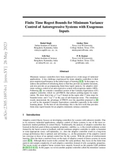 Finite Time Regret Bounds for Minimum Variance Control of Autoregressive
  Systems with Exogenous Inputs