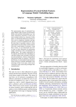 Representation Of Lexical Stylistic Features In Language Models'
  Embedding Space