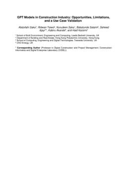 GPT Models in Construction Industry: Opportunities, Limitations, and a
  Use Case Validation