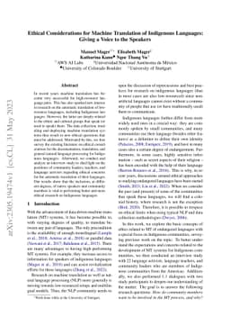 Ethical Considerations for Machine Translation of Indigenous Languages:
  Giving a Voice to the Speakers