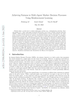 Achieving Fairness in Multi-Agent Markov Decision Processes Using
  Reinforcement Learning