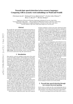 Towards hate speech detection in low-resource languages: Comparing ASR
  to acoustic word embeddings on Wolof and Swahili