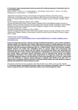 A Transformer-based representation-learning model with unified
  processing of multimodal input for clinical diagnostics