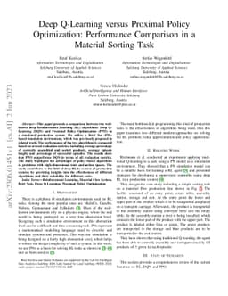 Deep Q-Learning versus Proximal Policy Optimization: Performance
  Comparison in a Material Sorting Task