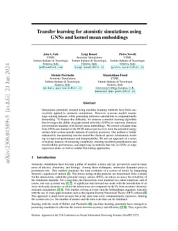 Transfer learning for atomistic simulations using GNNs and kernel mean
  embeddings