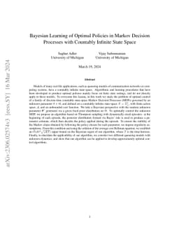 Bayesian Learning of Optimal Policies in Markov Decision Processes with
  Countably Infinite State-Space