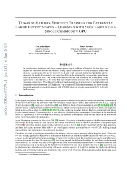 Towards Memory-Efficient Training for Extremely Large Output Spaces --
  Learning with 500k Labels on a Single Commodity GPU