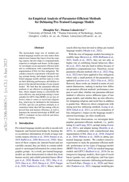 An Empirical Analysis of Parameter-Efficient Methods for Debiasing
  Pre-Trained Language Models