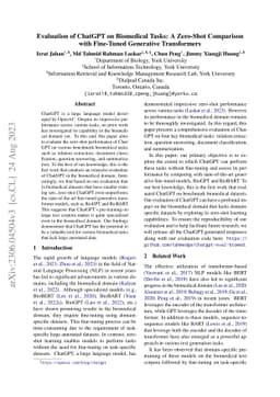 Evaluation of ChatGPT on Biomedical Tasks: A Zero-Shot Comparison with
  Fine-Tuned Generative Transformers