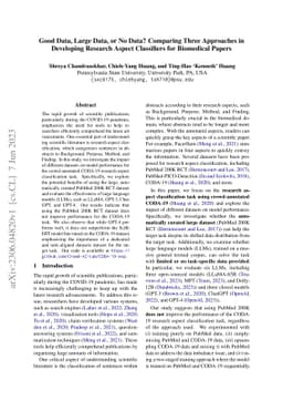 Good Data, Large Data, or No Data? Comparing Three Approaches in
  Developing Research Aspect Classifiers for Biomedical Papers