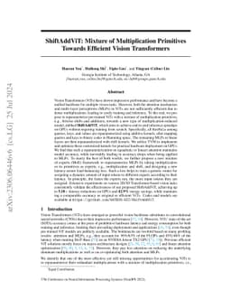 ShiftAddViT: Mixture of Multiplication Primitives Towards Efficient
  Vision Transformer