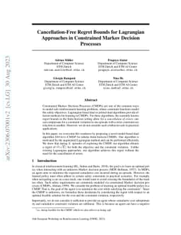 Cancellation-Free Regret Bounds for Lagrangian Approaches in Constrained
  Markov Decision Processes