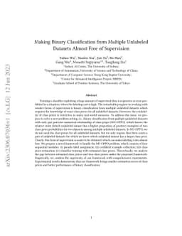 Making Binary Classification from Multiple Unlabeled Datasets Almost
  Free of Supervision
