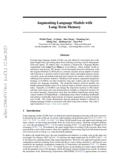 Augmenting Language Models with Long-Term Memory