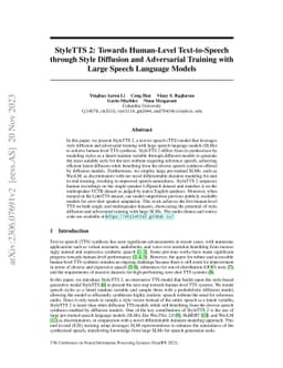 StyleTTS 2: Towards Human-Level Text-to-Speech through Style Diffusion
  and Adversarial Training with Large Speech Language Models