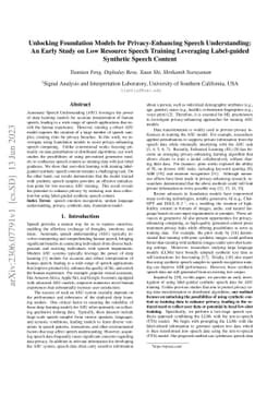 Unlocking Foundation Models for Privacy-Enhancing Speech Understanding:
  An Early Study on Low Resource Speech Training Leveraging Label-guided
  Synthetic Speech Content