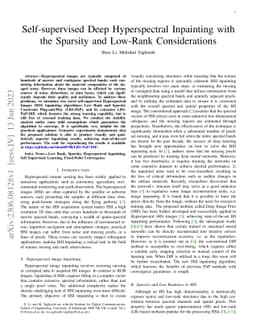 Self-supervised Deep Hyperspectral Inpainting with the Sparsity and
  Low-Rank Considerations