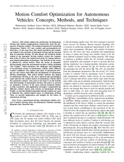 Motion Comfort Optimization for Autonomous Vehicles: Concepts, Methods,
  and Techniques