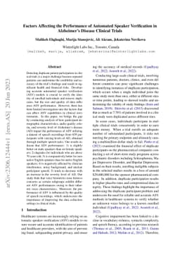 Factors Affecting the Performance of Automated Speaker Verification in
  Alzheimer's Disease Clinical Trials