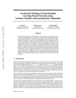 Accelerated Training via Incrementally Growing Neural Networks using
  Variance Transfer and Learning Rate Adaptation