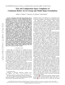 Task and Configuration Space Compliance of Continuum Robots via Lie
  Group and Modal Shape Formulations