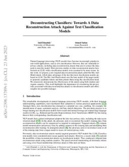 Deconstructing Classifiers: Towards A Data Reconstruction Attack Against
  Text Classification Models